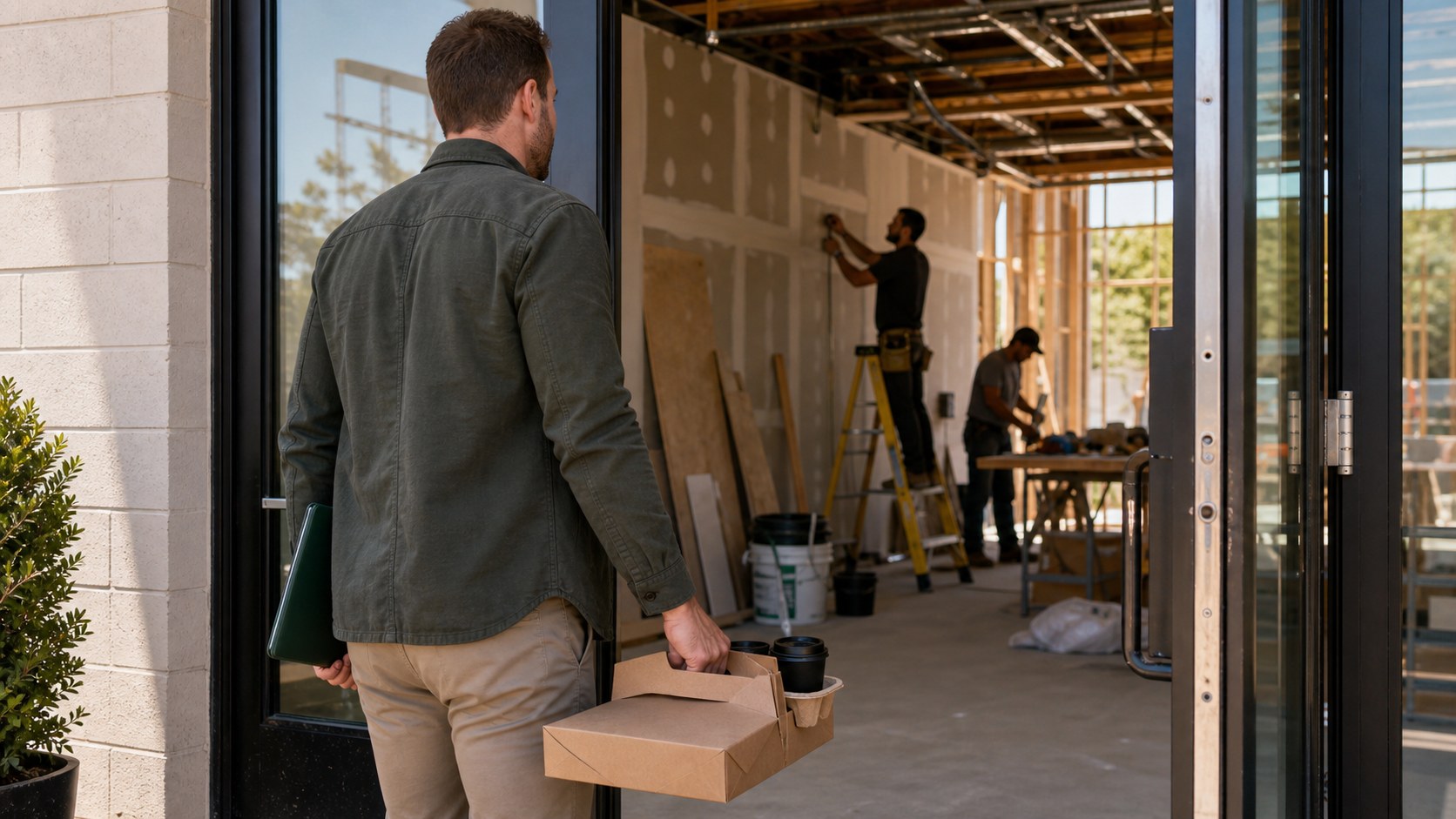 A field salesperson entering an unfinished commercial build-out with coffee and a permit folder.