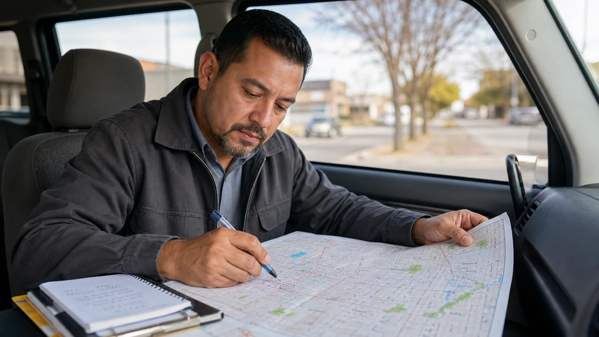 A territory planning session over a printed city map and route notes.