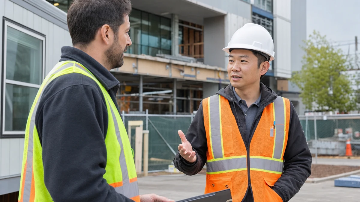 A rep speaking with a project superintendent at a clearly marked safe meeting area.
