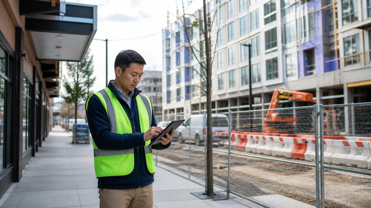 A supplier representative checking a mixed-use construction corridor.