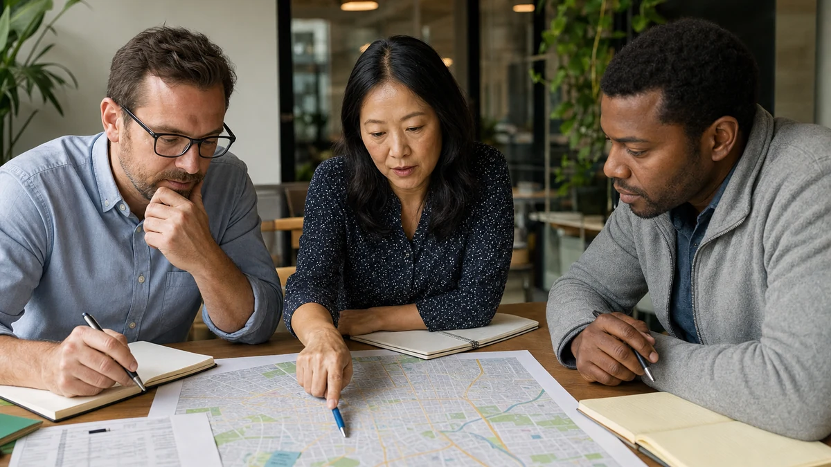 A territory planning session over a printed city map and route notes.