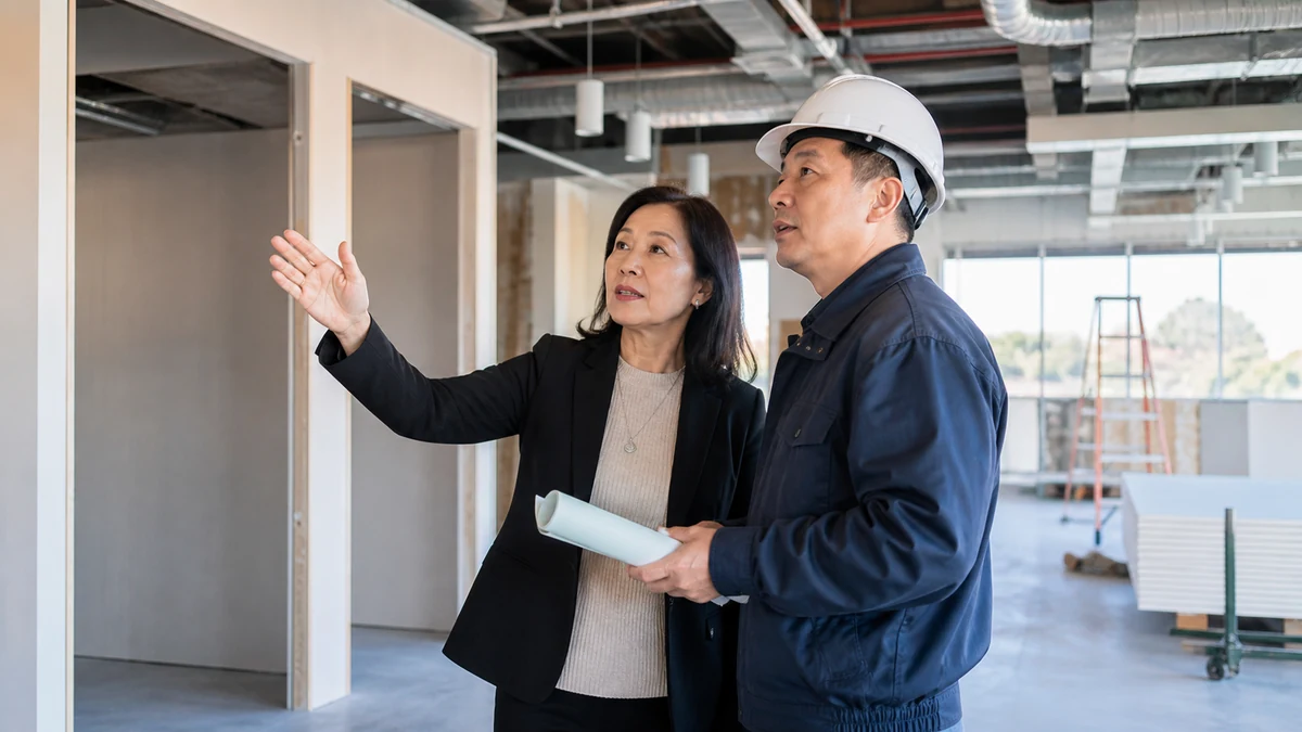 An owner and contractor reviewing progress inside a safe commercial renovation.