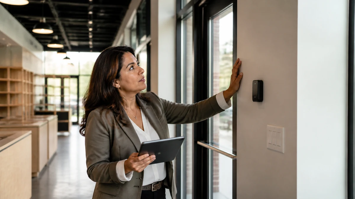 A security consultant surveying access points in a nearly completed storefront.
