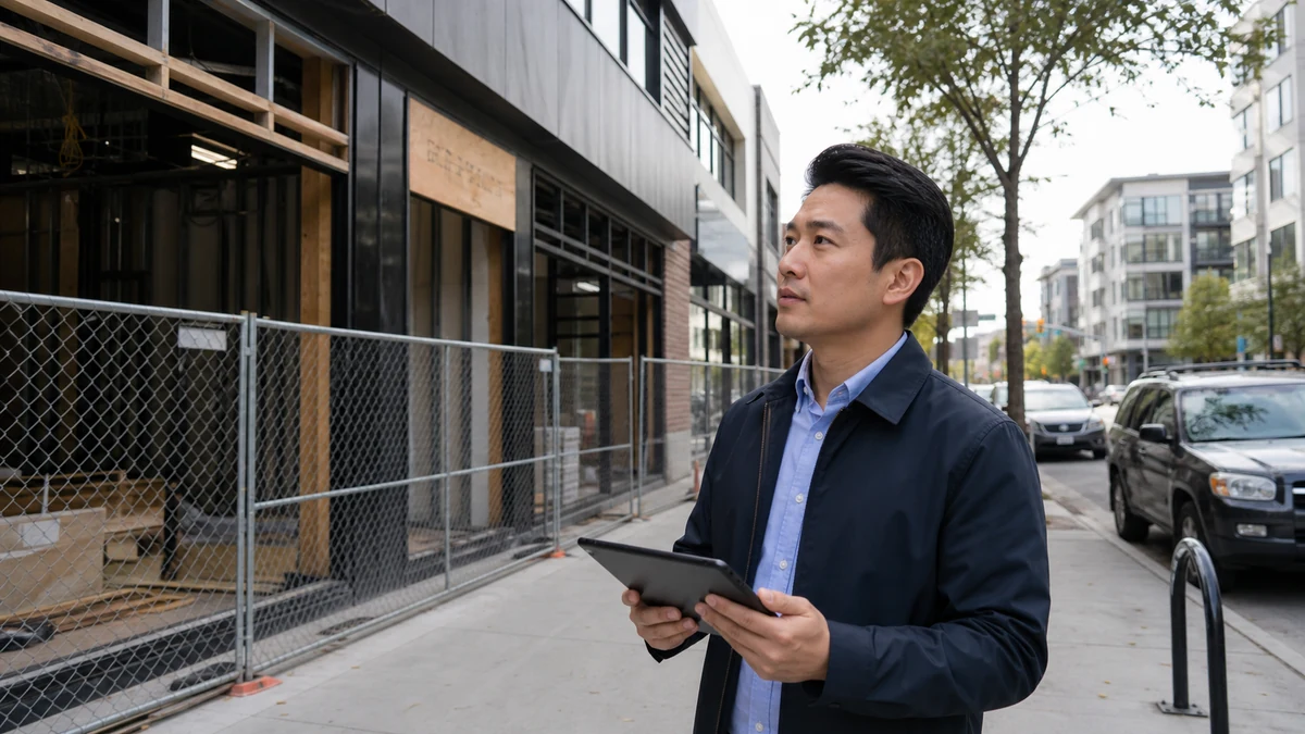 A supplier representative checking a mixed-use construction corridor.
