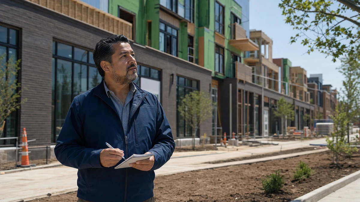A supplier representative checking a mixed-use construction corridor.