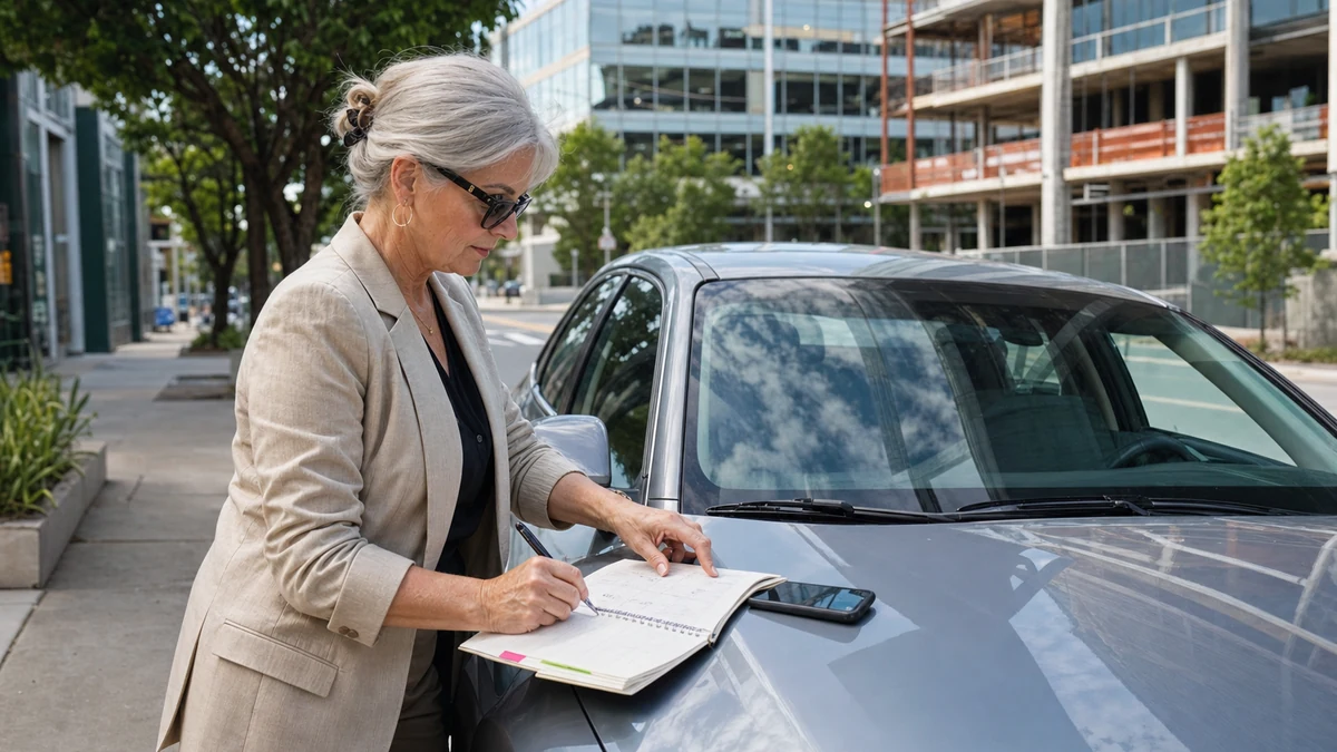 A field rep organizing verified stops beside a parked car in a business district.