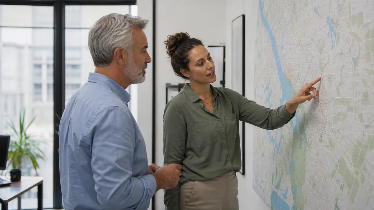 A small sales team comparing local opportunity signals around a wall map.