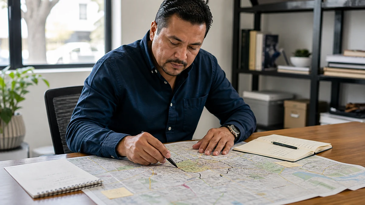 A territory planning session over a printed city map and route notes.