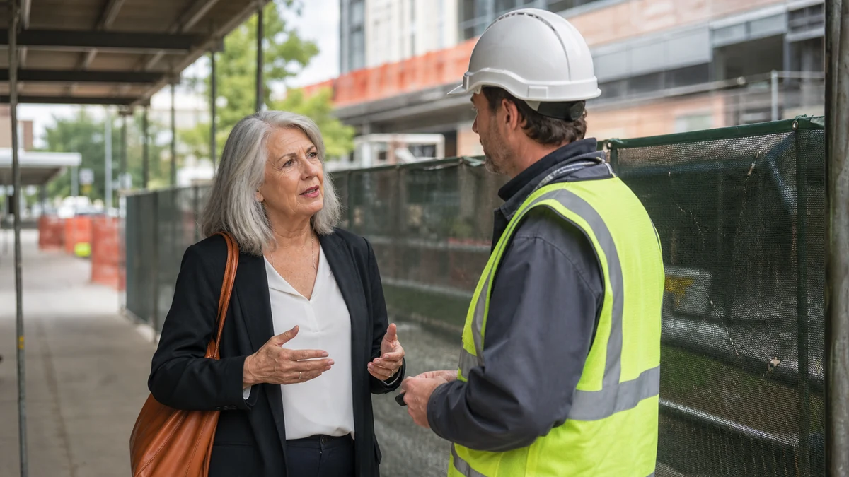 A rep speaking with a project superintendent at a clearly marked safe meeting area.