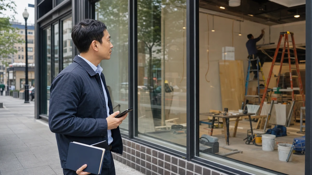 A rep observing a new retail tenant improvement from outside the work area.