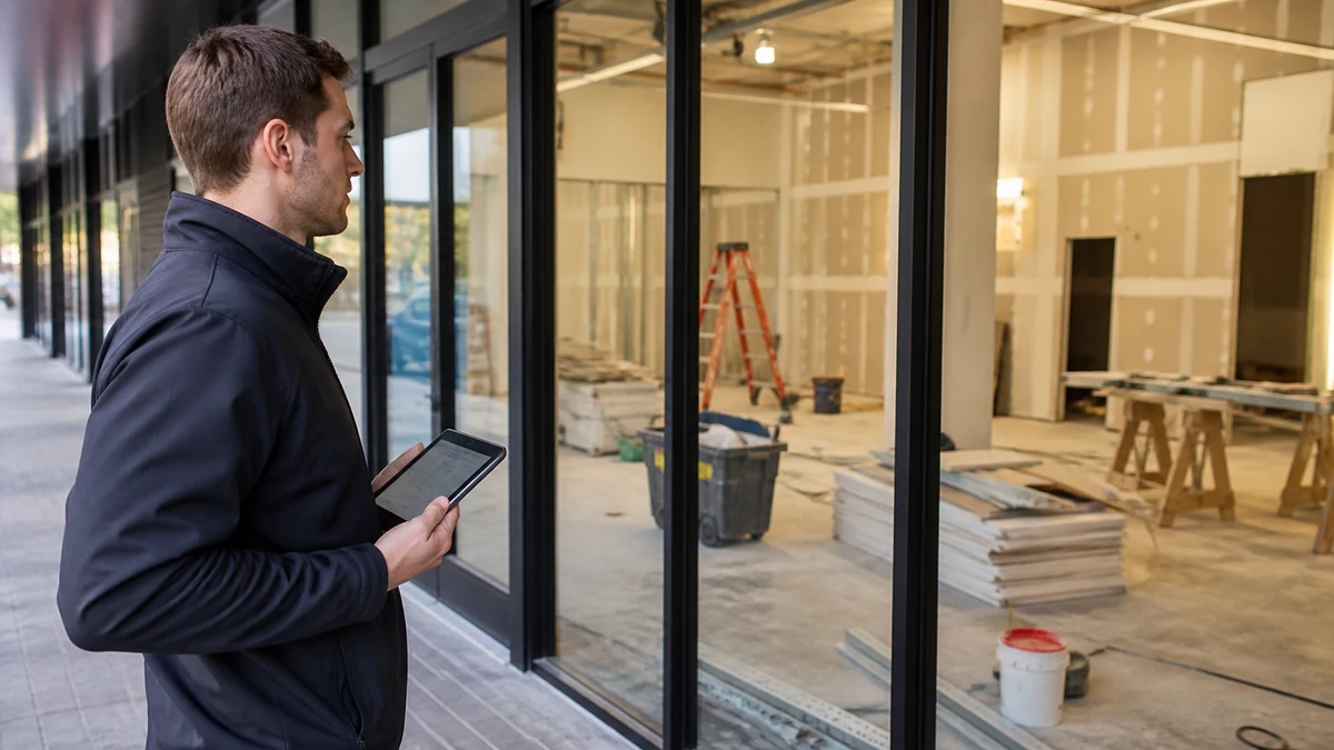 A rep observing a new retail tenant improvement from outside the work area.