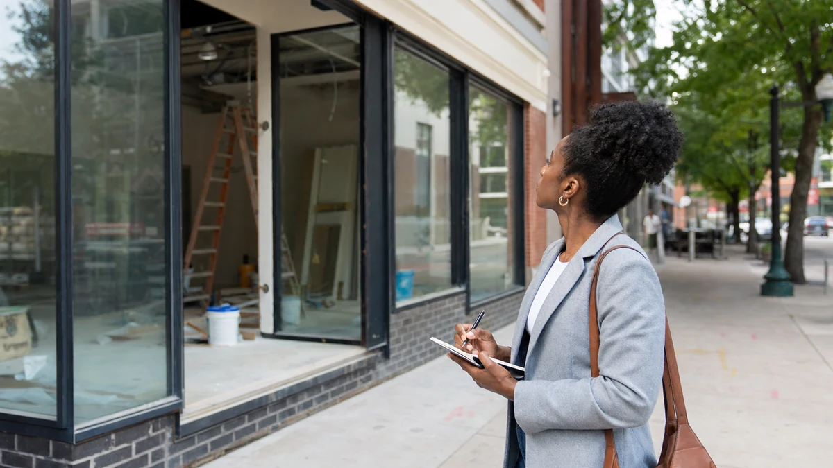 A rep validating a storefront buildout from the public sidewalk.