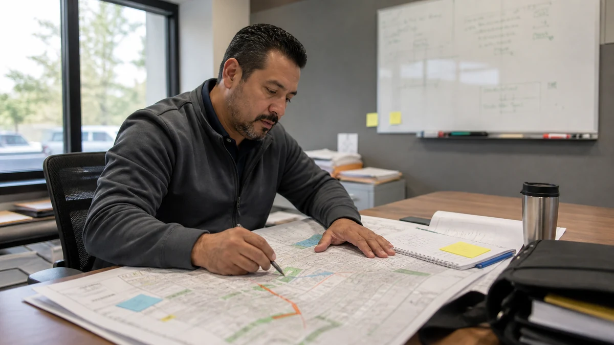 A territory planning session over a printed city map and route notes.