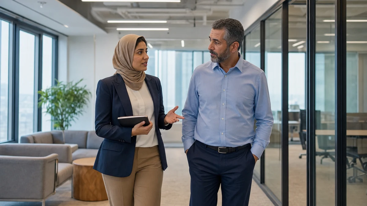 A telecom consultant walking a finished office suite with a facilities manager.