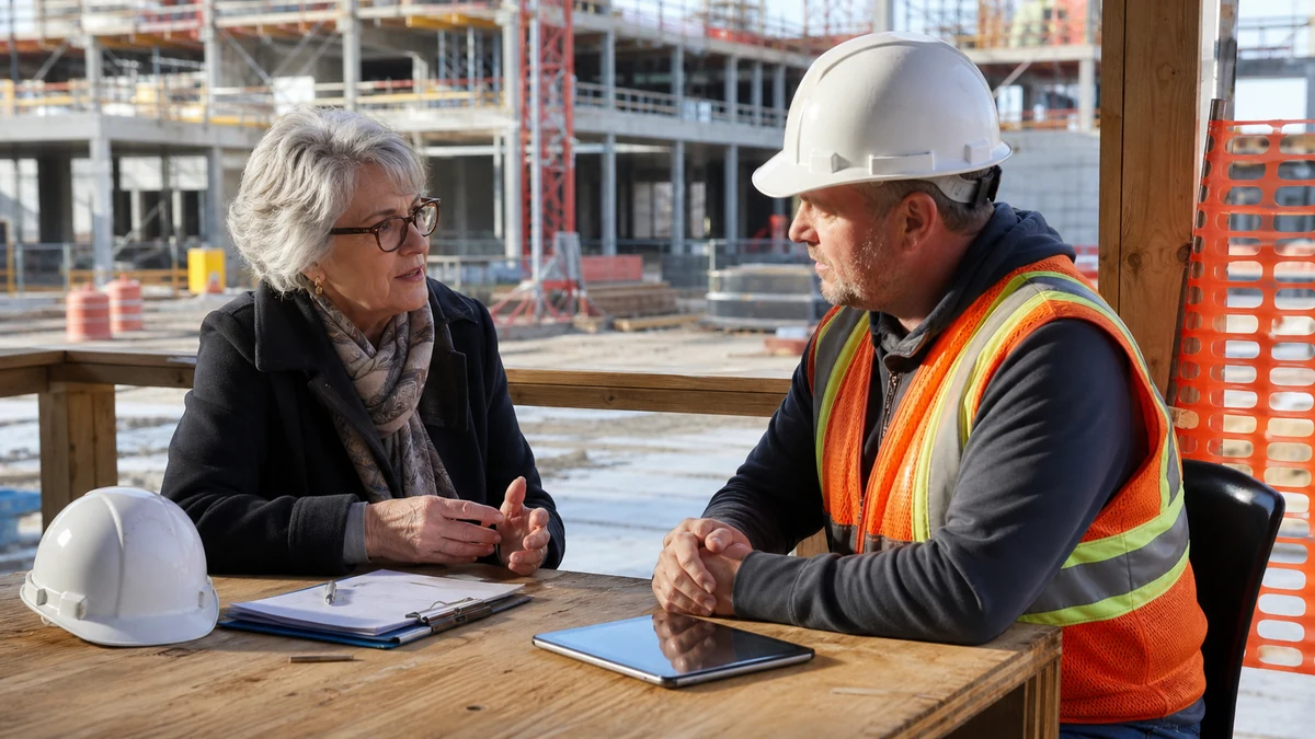 A rep speaking with a project superintendent at a clearly marked safe meeting area.