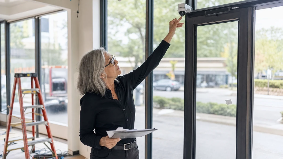 A security consultant surveying access points in a nearly completed storefront.