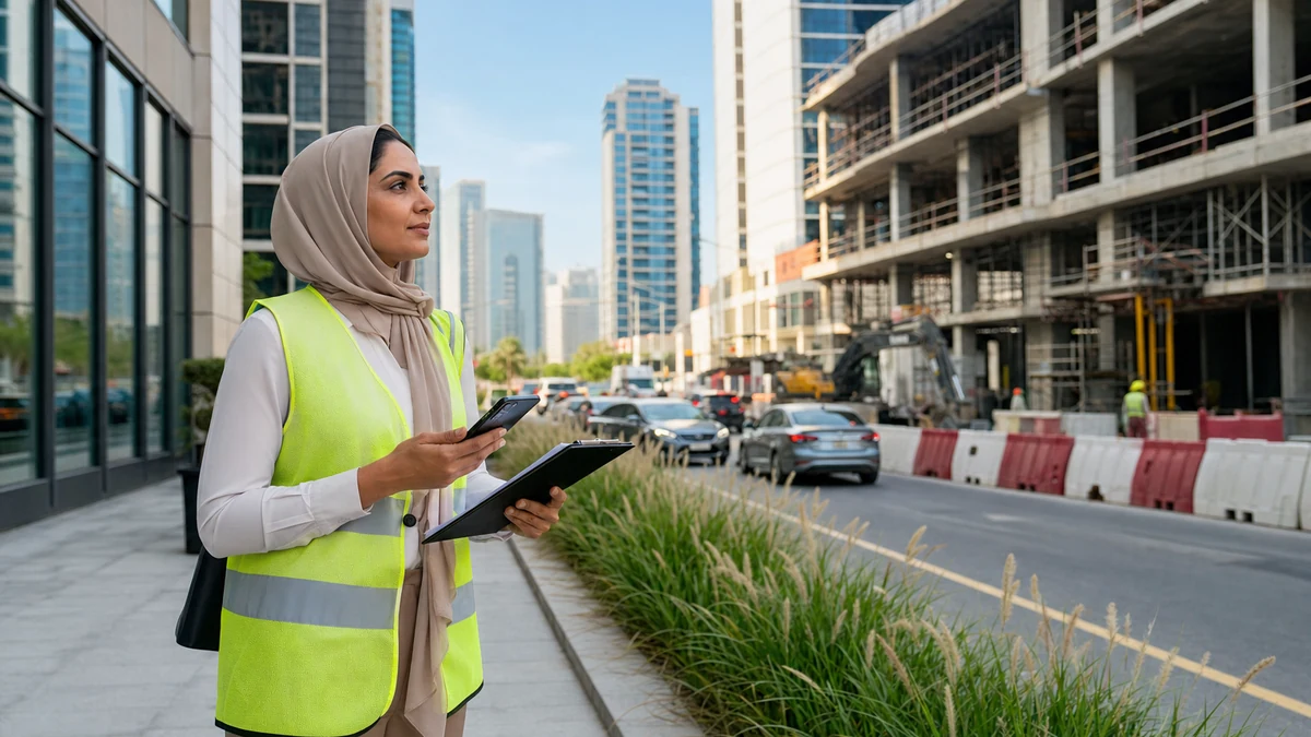 A supplier representative checking a mixed-use construction corridor.