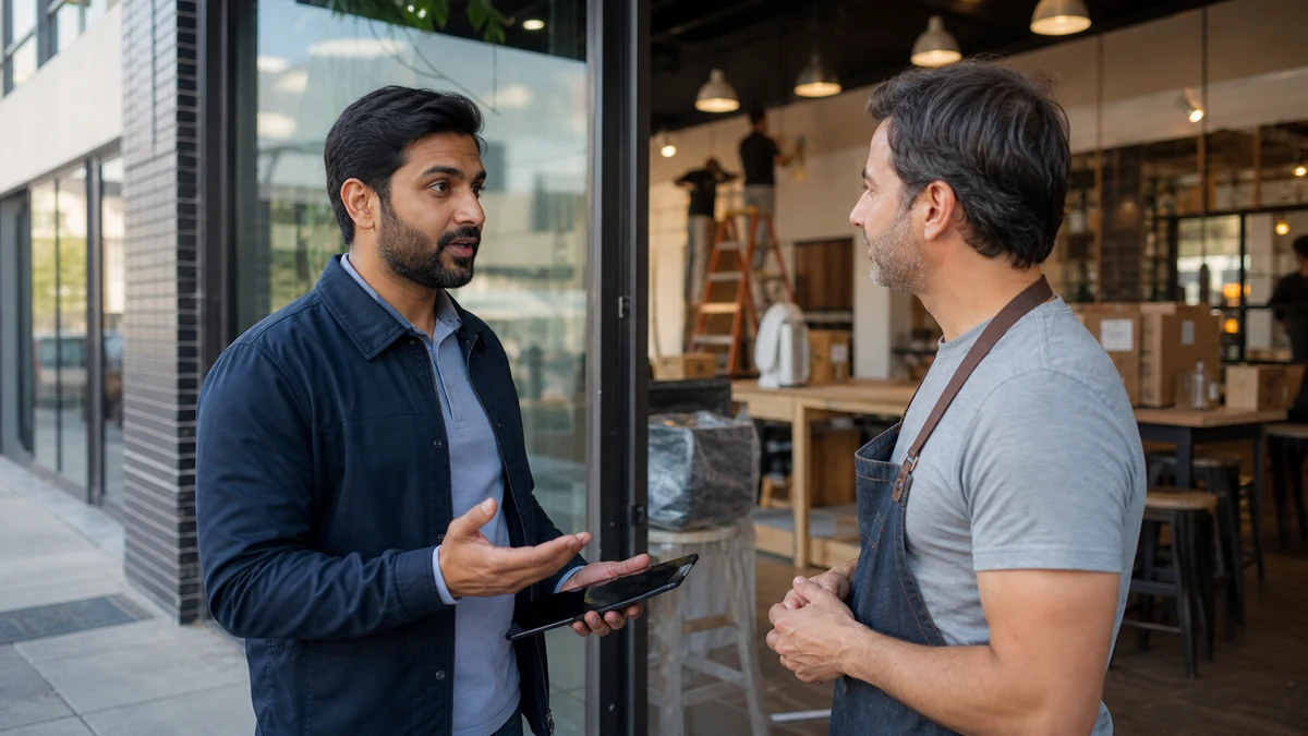 A merchant-services rep meeting an independent business owner before opening day.