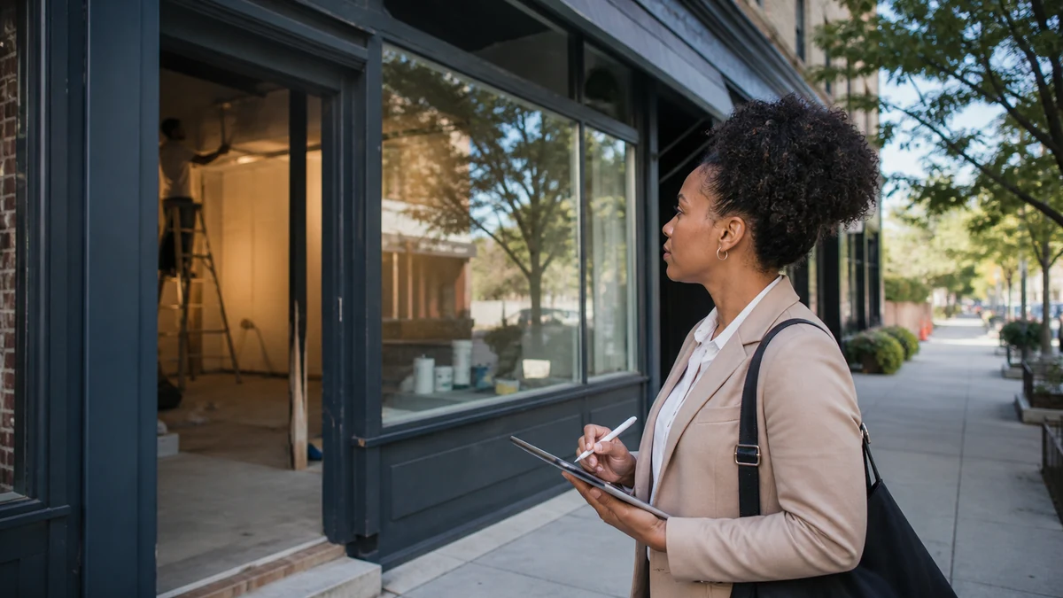 A rep validating a storefront buildout from the public sidewalk.