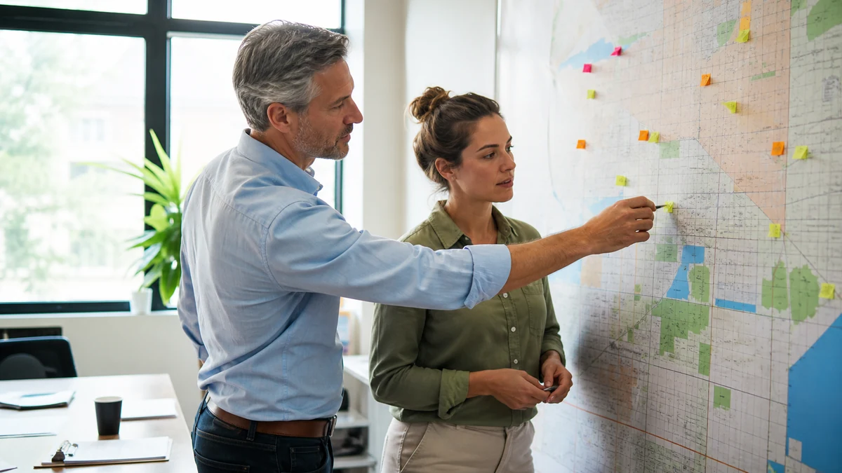 A small sales team comparing local opportunity signals around a wall map.