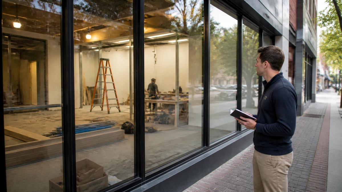 A rep observing a new retail tenant improvement from outside the work area.