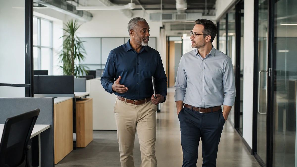 A telecom consultant walking a finished office suite with a facilities manager.