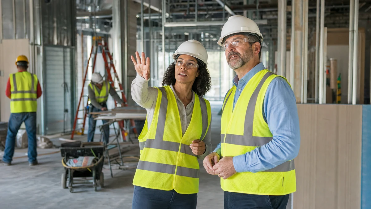 An owner and contractor reviewing progress inside a safe commercial renovation.