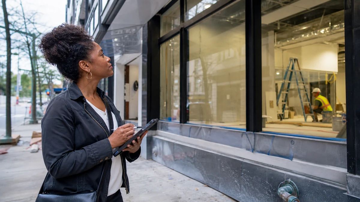 A rep validating a storefront buildout from the public sidewalk.