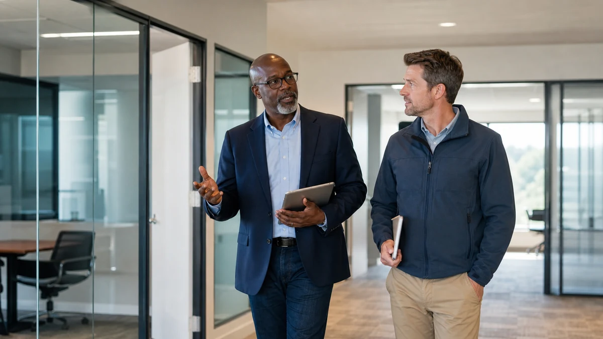 A telecom consultant walking a finished office suite with a facilities manager.