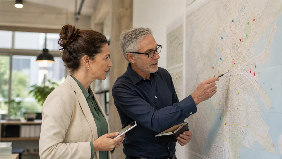 A small sales team comparing local opportunity signals around a wall map.