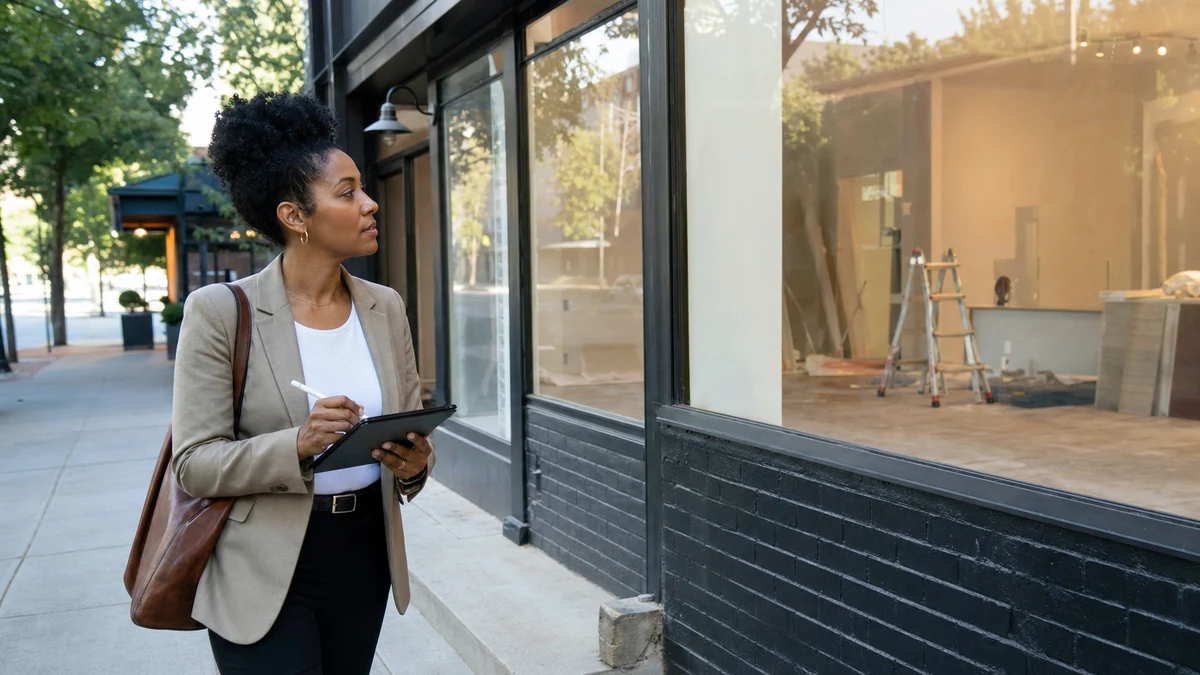 A rep validating a storefront buildout from the public sidewalk.