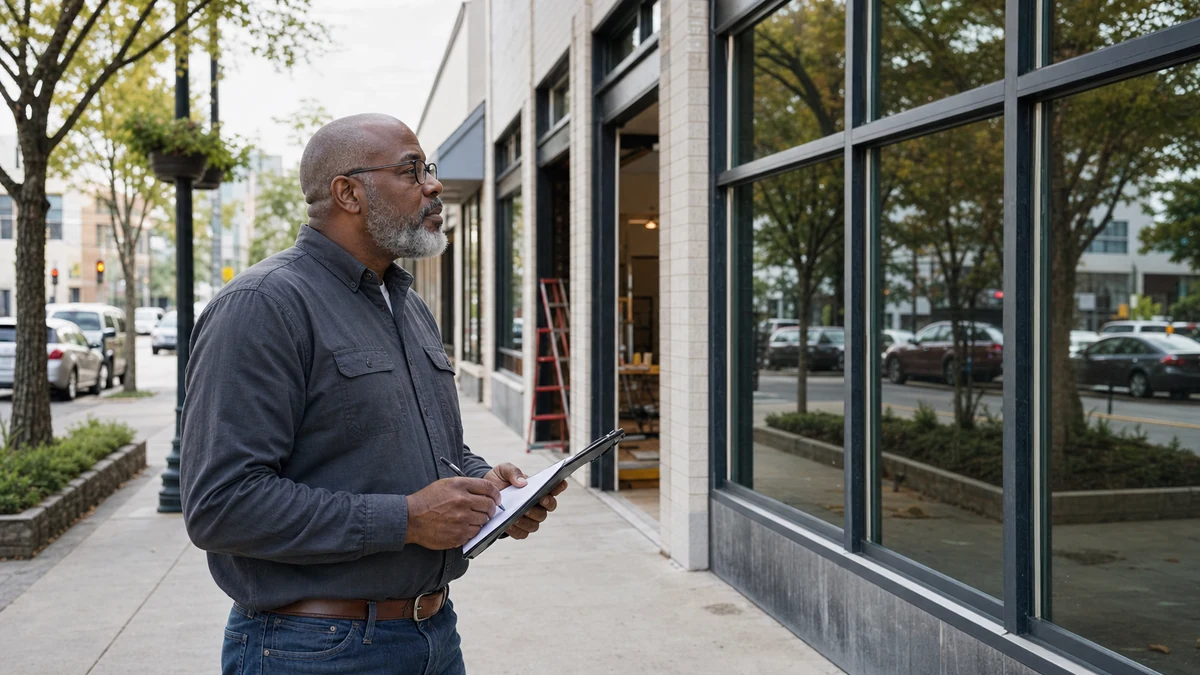 A rep validating a storefront buildout from the public sidewalk.