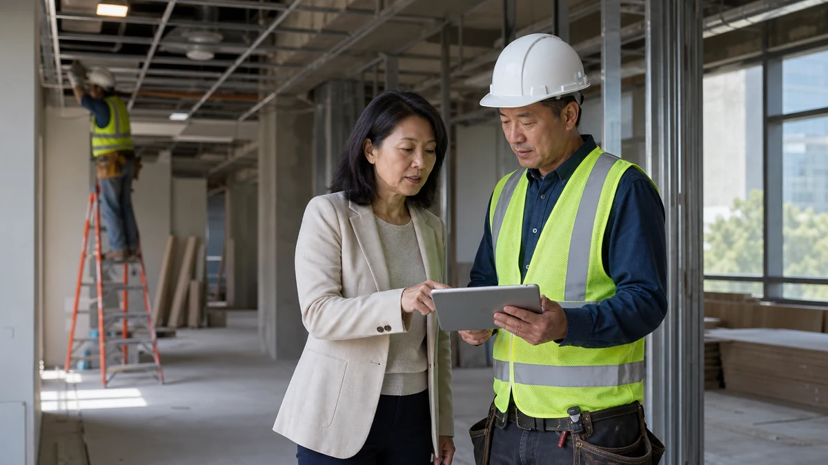 An owner and contractor reviewing progress inside a safe commercial renovation.