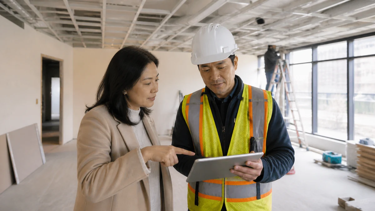 An owner and contractor reviewing progress inside a safe commercial renovation.