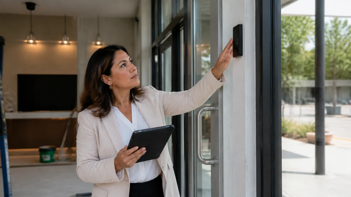 A security consultant surveying access points in a nearly completed storefront.