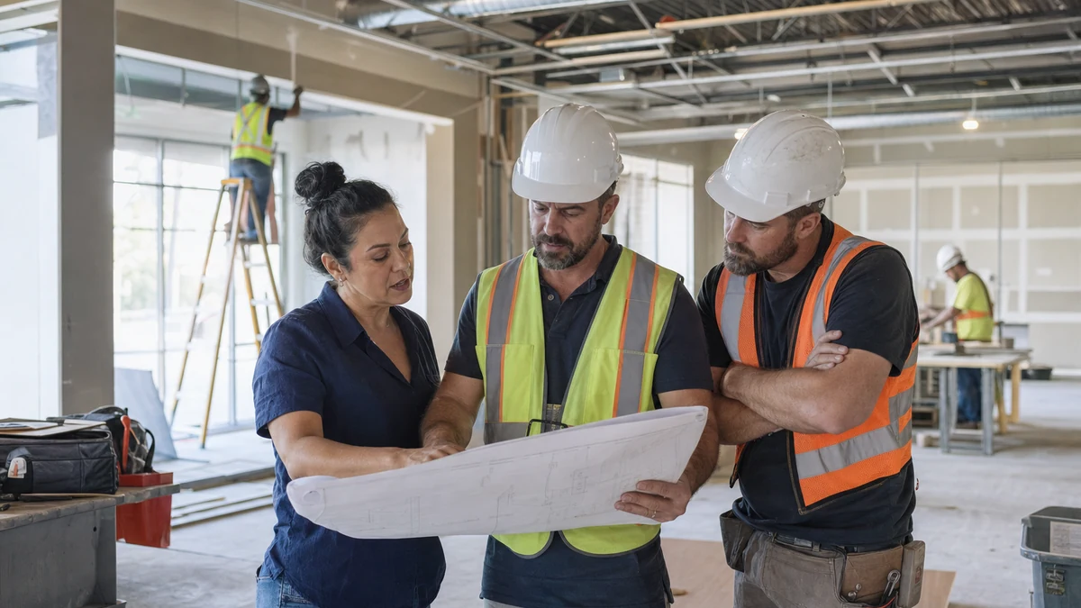 An owner and contractor reviewing progress inside a safe commercial renovation.