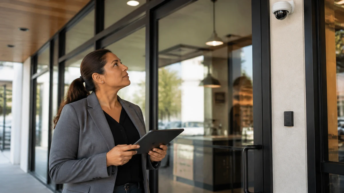 A security consultant surveying access points in a nearly completed storefront.