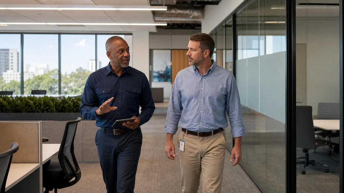 A telecom consultant walking a finished office suite with a facilities manager.