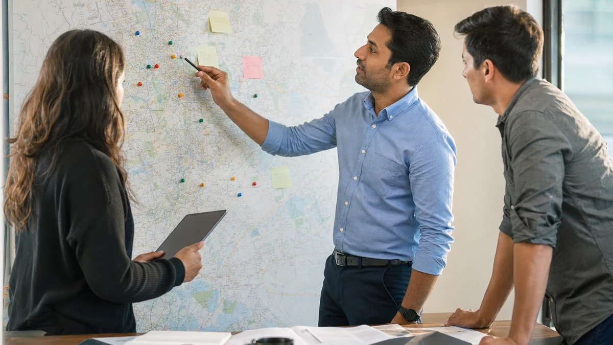 A small sales team comparing local opportunity signals around a wall map.