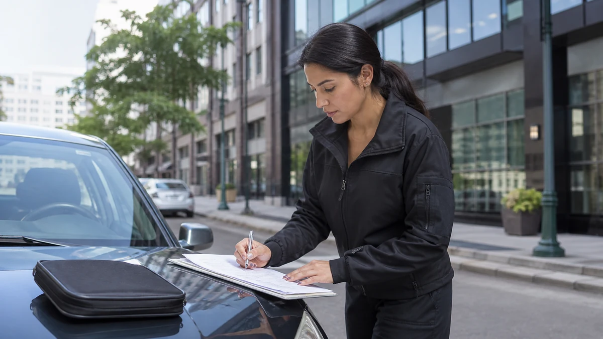 A field rep organizing verified stops beside a parked car in a business district.