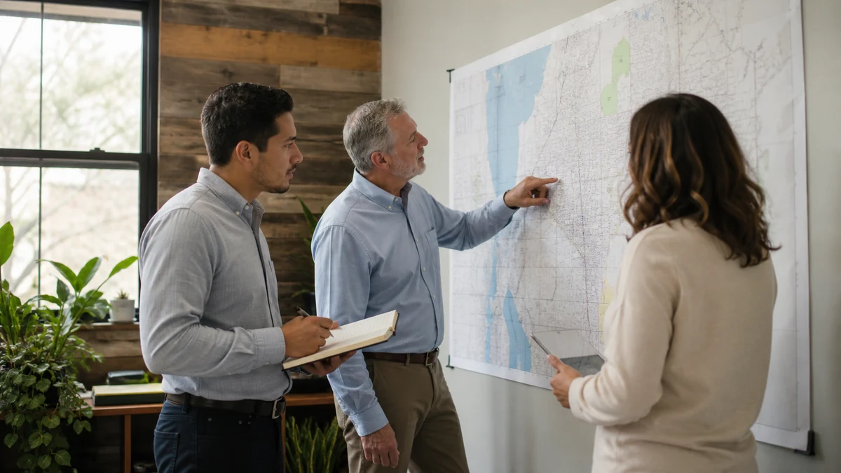 A small sales team comparing local opportunity signals around a wall map.