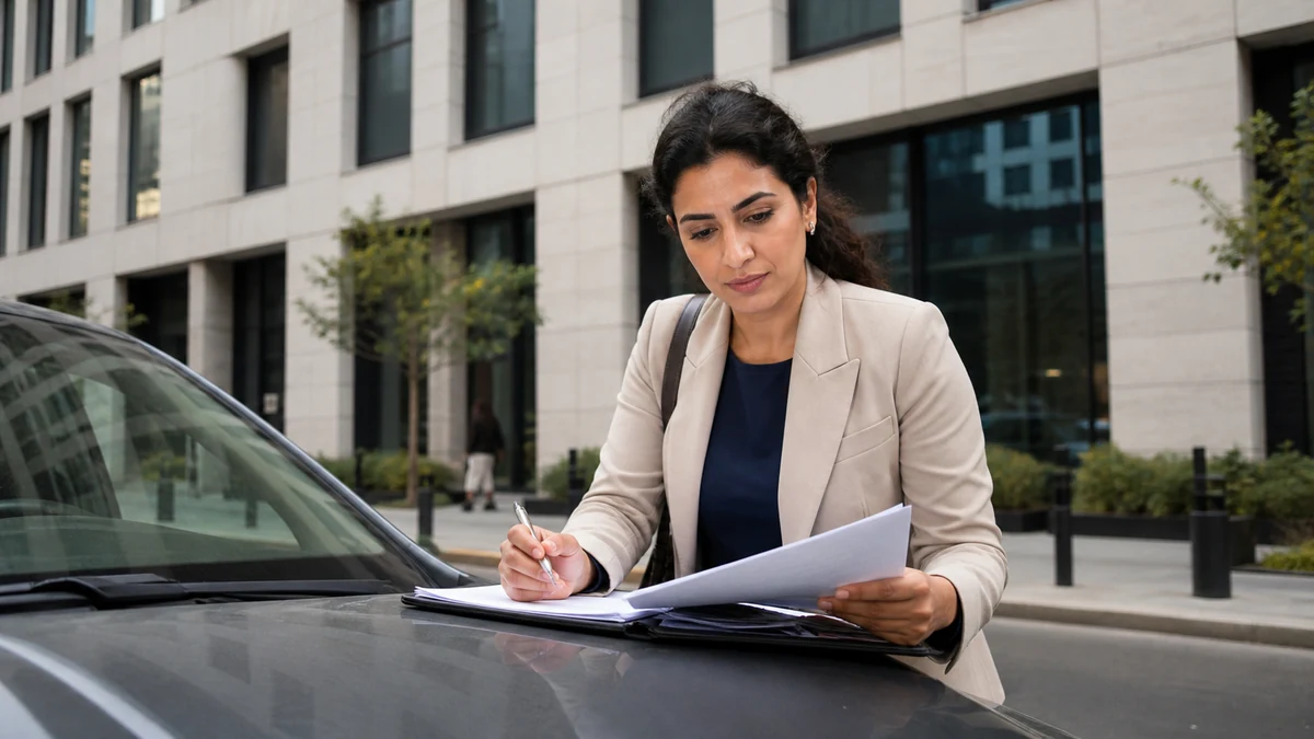 A field rep organizing verified stops beside a parked car in a business district.