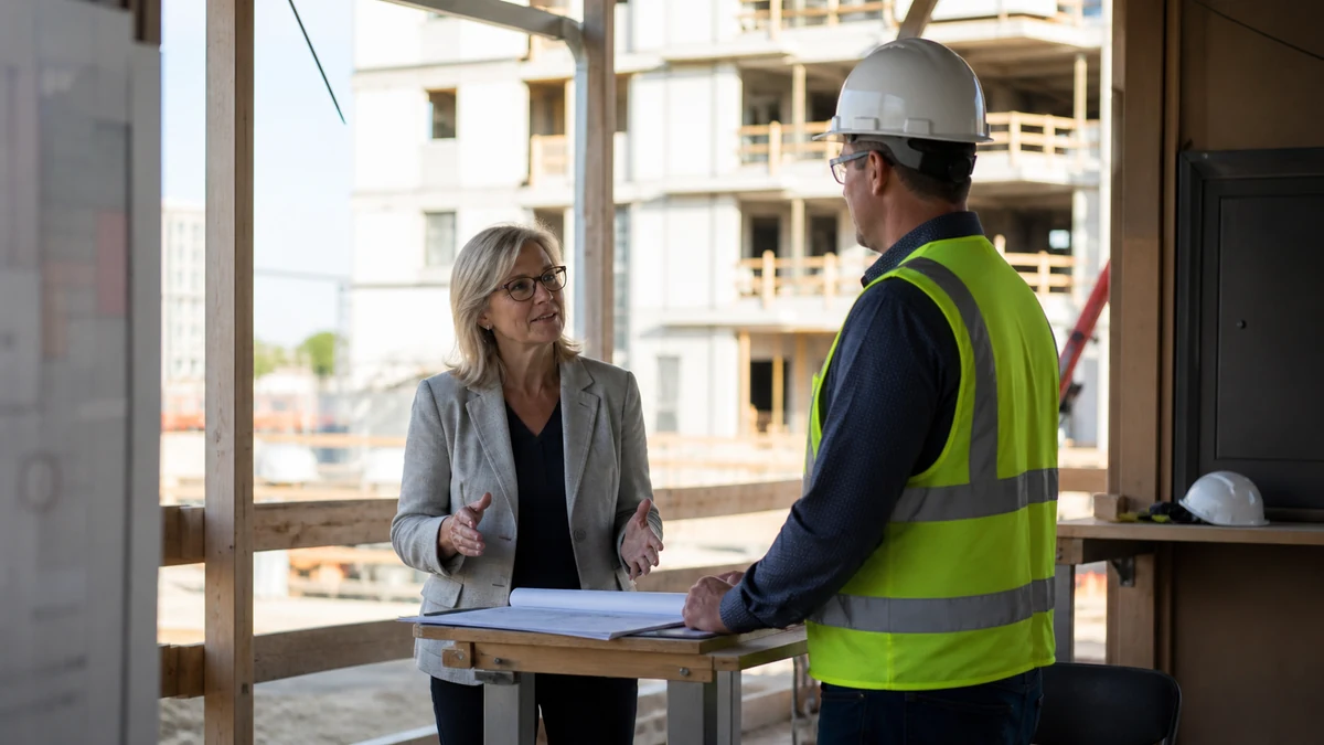 A rep speaking with a project superintendent at a clearly marked safe meeting area.