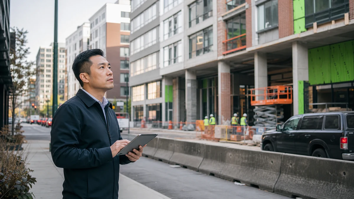A supplier representative checking a mixed-use construction corridor.