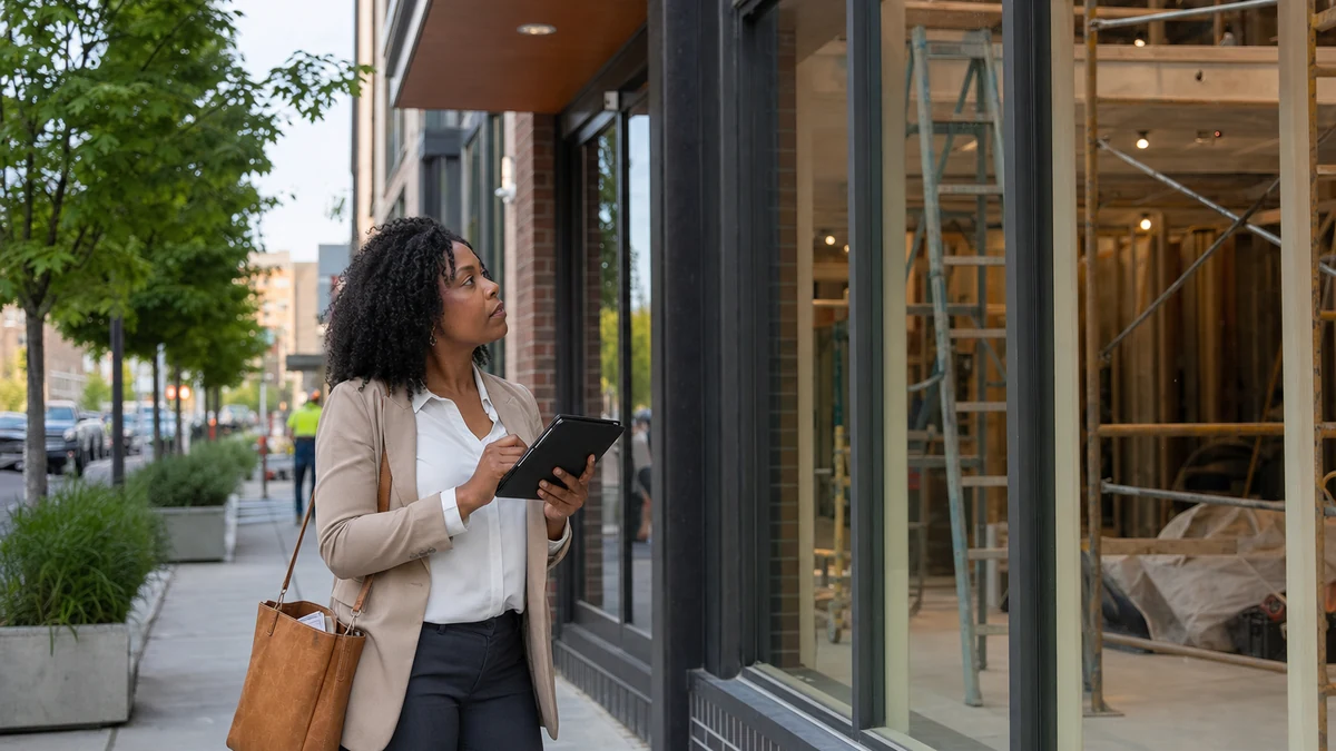 A rep validating a storefront buildout from the public sidewalk.
