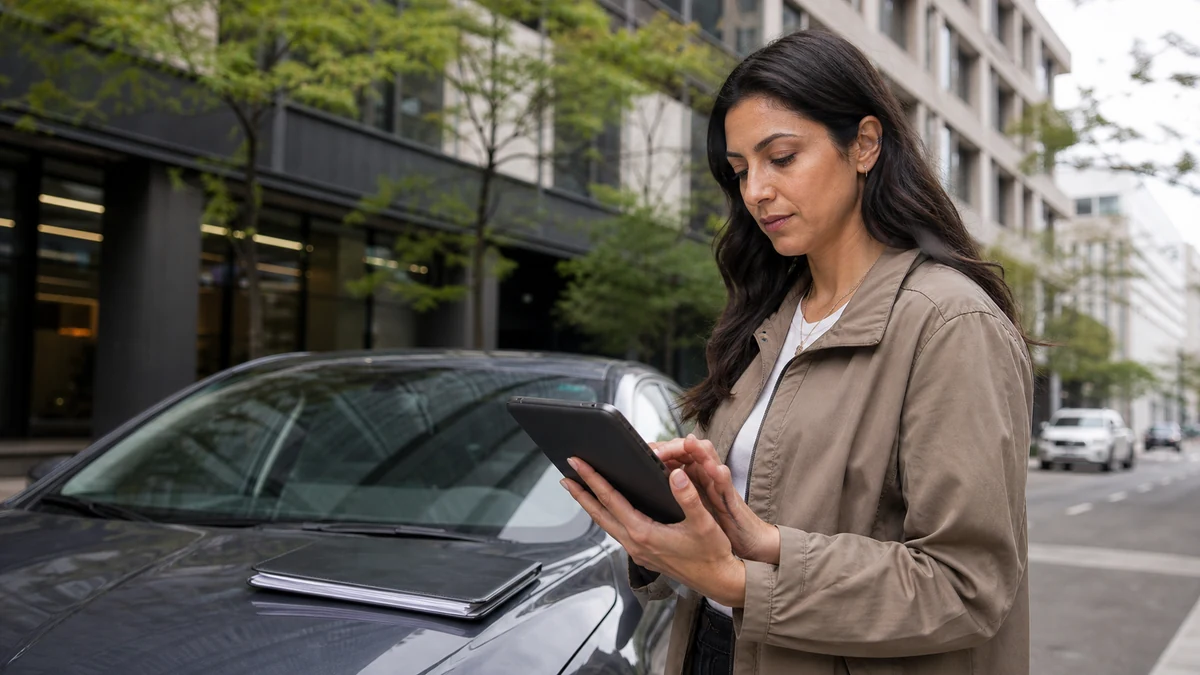 A field rep organizing verified stops beside a parked car in a business district.