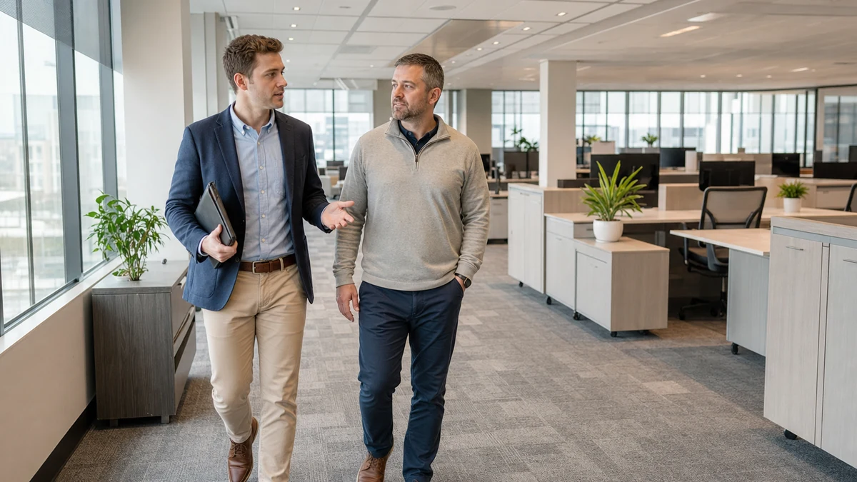 A telecom consultant walking a finished office suite with a facilities manager.