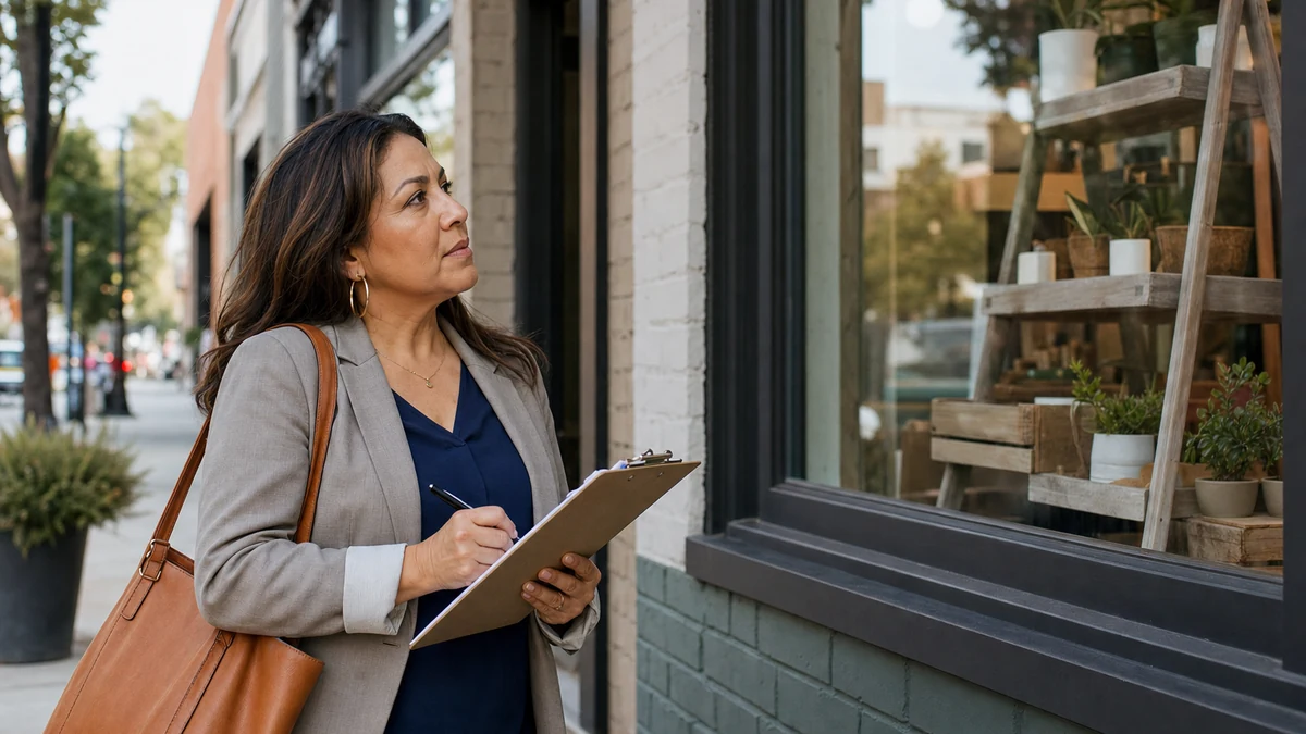 A rep validating a storefront buildout from the public sidewalk.