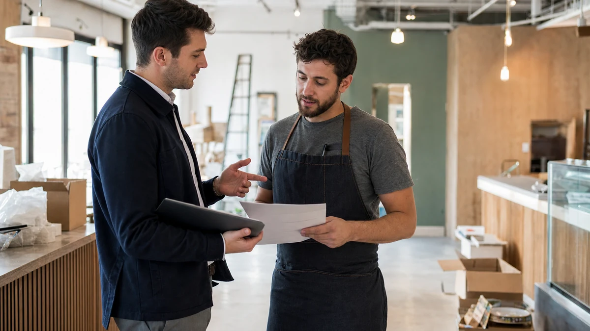 A merchant-services rep meeting an independent business owner before opening day.