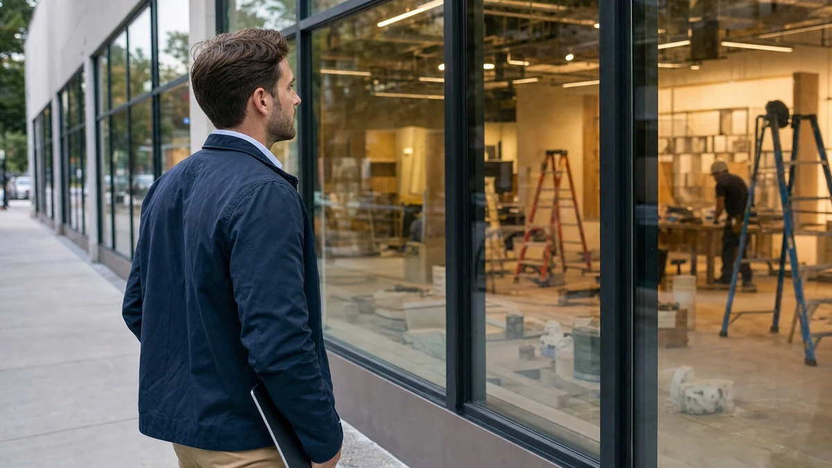 A rep observing a new retail tenant improvement from outside the work area.